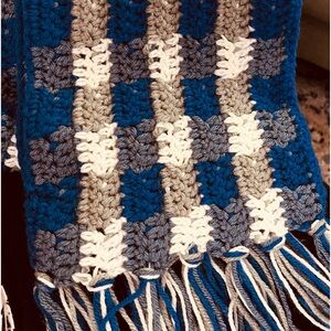 Checkered blue and white scarf- Handmade crocheted scarf by me!